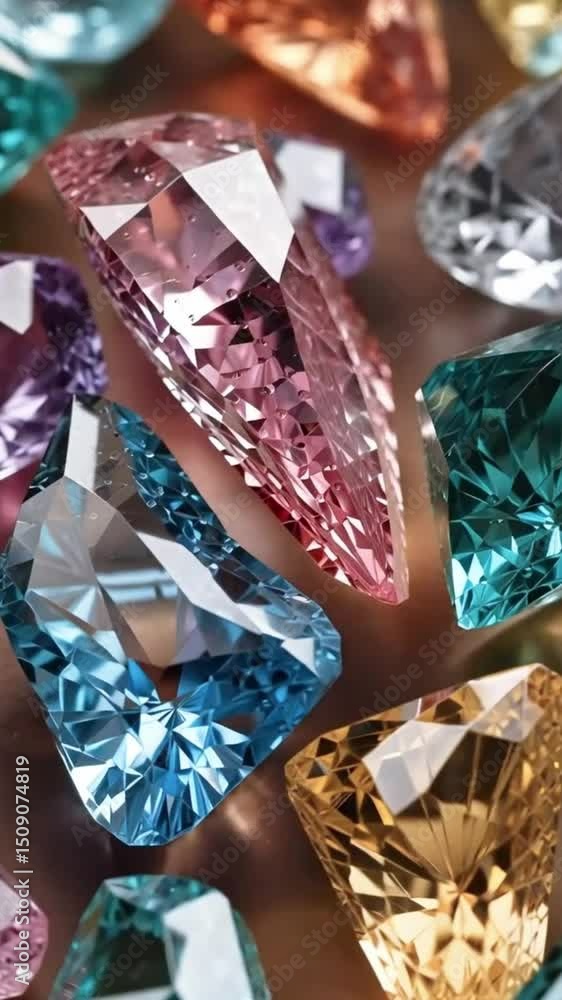 Poster colorful gemstone collection glistens showcasing facets sharp edges shining light creating a vibrant