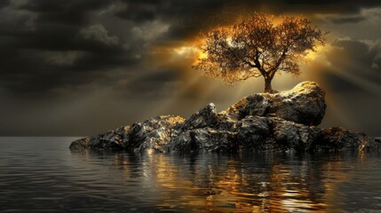 Boulders in orbit around a luminous tree create a magical and enchanting landscape scene