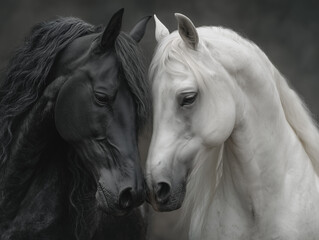 Obraz premium Striking Duality: Black and White Horses Facing Each Other in Harmony
