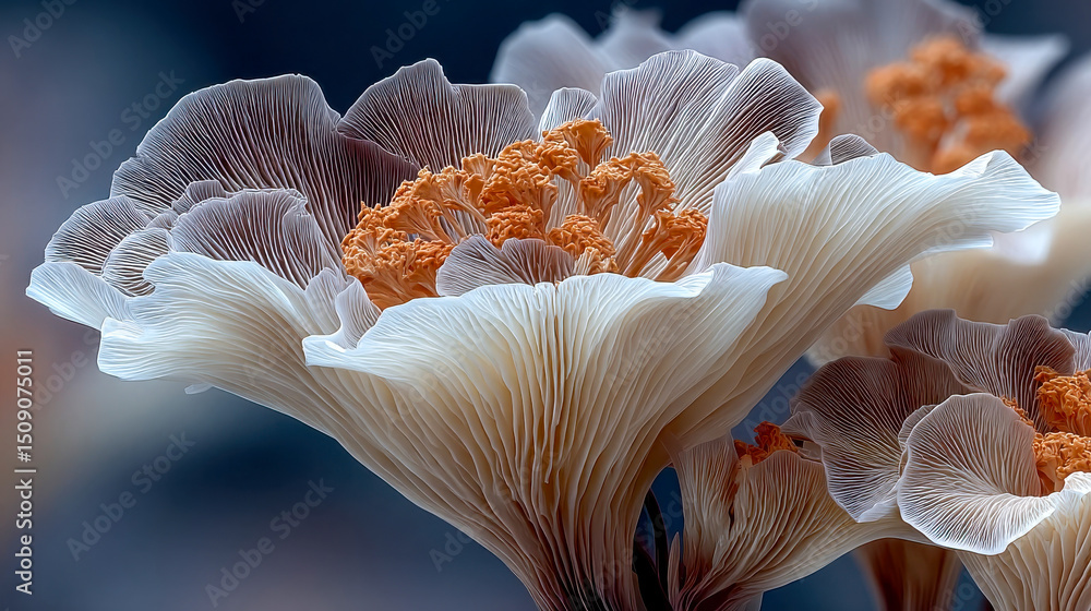 Poster close-up of abstract glowing mushroom-like structures with intricate folds and a radiant inner light