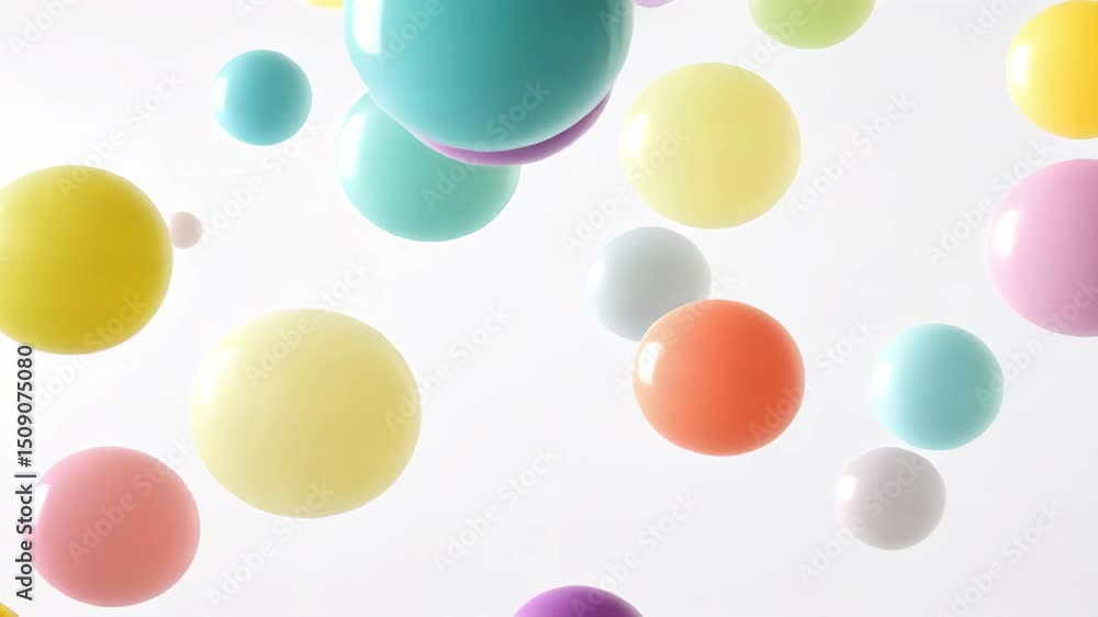Poster colorful translucent bubbles floating gently in a bright and airy space with soft background