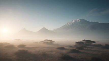 A serene African savanna landscape at dawn with scattered acacia trees and majestic snow-capped mountains in the distance under a clear blue sky.