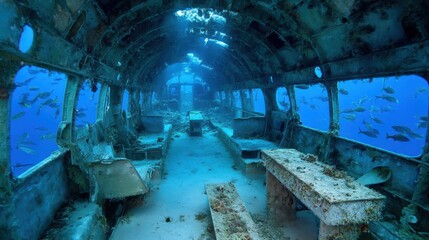 submerged airplane fuselage in deep blue sea with fish swimming through windows