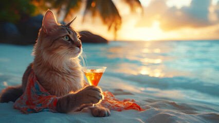 a cat on vacation, on a sandy exotic beach with a glass of refreshing cocktail in its paw. concept of enjoying leisure and vacation