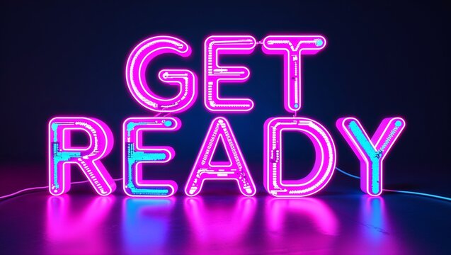 Glitchy Get Ready Neon Typography in Vibrant Cyberpunk Colors on a Digital Gradient Backdrop

