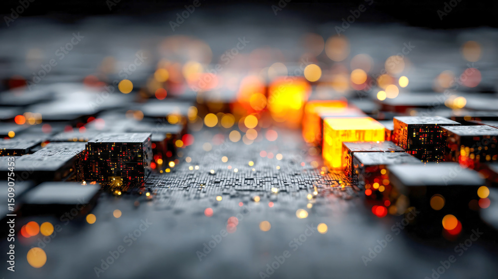 Poster abstract glowing cubes with digital circuitry, illuminated in orange and red tones, symbolizing data
