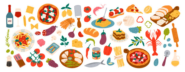 Hand drawn set with elements of italian food. Mediterranean traditional cuisine. Delicious pizza, pasta, olive, seafood, cheese, tomatoes. Modern colorful items for sticker, scrapbooking, print, menu