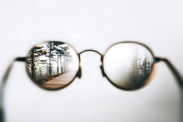 A pair of round eyeglasses with a wooden bridge and forest scene reflected in the lenses, creating an artistic and thought-provoking visual effect.