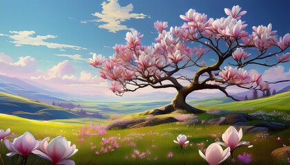 spring magnolia tree in a meadow