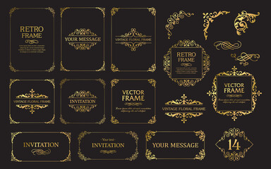 Design gold elements set, decorative flourish border corner and frame collection for invitation,...