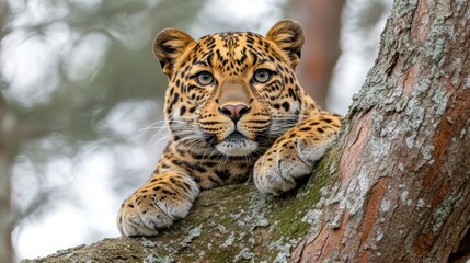 Naklejka premium Leopard resting on tree branch, looking directly at camera