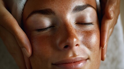 A close-up image of a person with freckles receiving a facial massage with their eyes closed, exuding relaxation and tranquility.