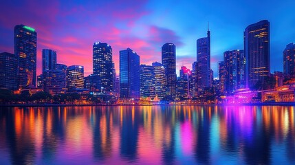 Fototapeta premium Vibrant neon cityscape at dusk with colorful skyscrapers reflecting in calm water, evoking a futuristic and energetic atmosphere.