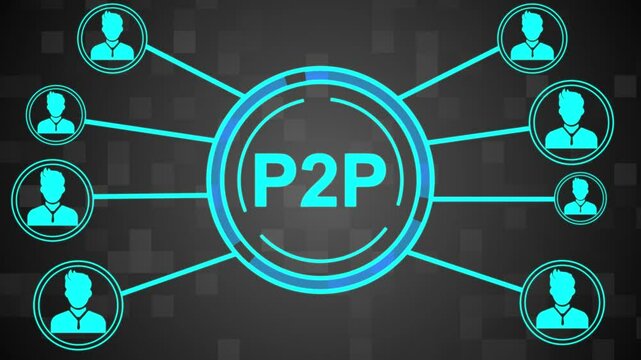 Businessman presses button with text P2P Peer-to-peer icon on virtual digital electronic user interface.