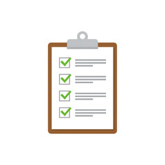 Flat vector clipart of a checklist clipboard with green ticks, task completion theme, on solid white background