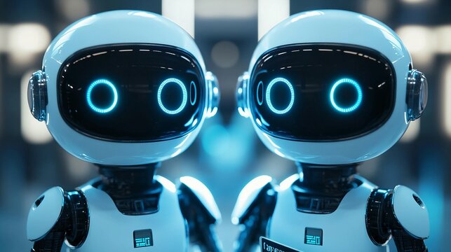 Twin Robots with Glowing Blue Eyes