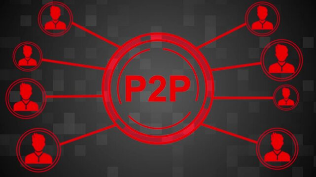 Businessman presses button with text P2P Peer-to-peer icon on virtual digital electronic user interface.