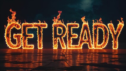Vibrant Get Ready Text in Flickering Fire Flames with Dramatic Orange Glow and Dark Background Contrast

