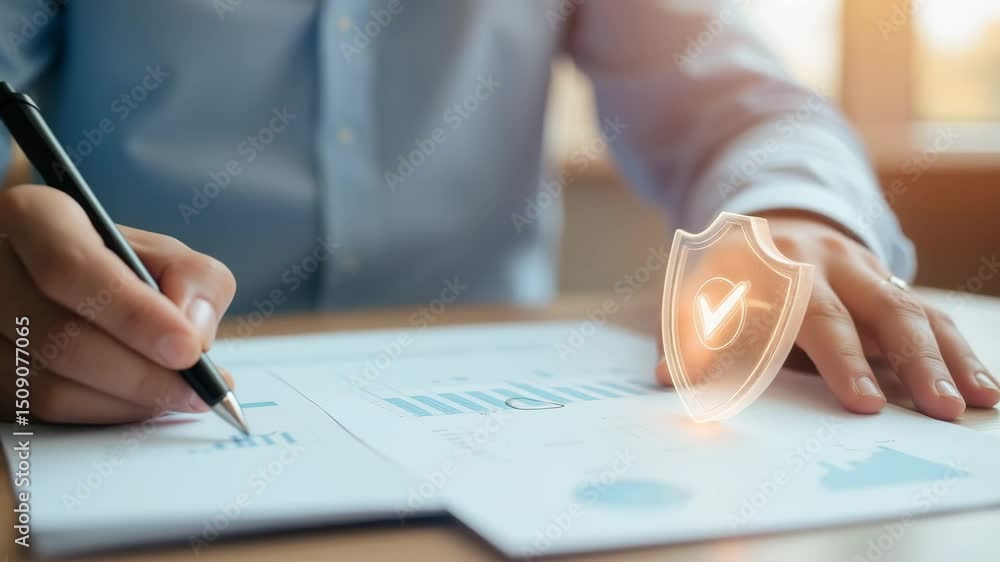 Poster business professional analyzing data with shield symbol representing security and trust