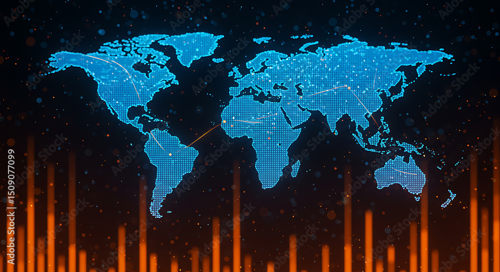 Poster digital world map abstract illustration with global network connections and data bars for business a