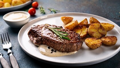 savory grilled steak with creamy sauce and roasted potatoes on a white plate