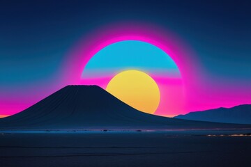 Obraz premium Synthwave Sunset Vibrant Neon Landscape with a Silhouetted Mountain, Retro Futuristic Digital Art