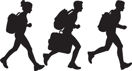 Silhouetted People Running with Backpacks and Briefcase - Black and White Vector Illustration
