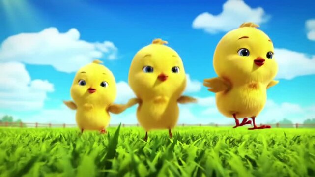 Adorable cartoon yellow chicks hopping in green grass, blue sky and soft clouds, cheerful farm vibe