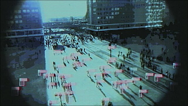4K AI surveillance of public square with pedestrian tracking boxes, wide aerial HUD interface and pixelated CRT overlay for motion graphics, screen mode, cyber control and urban monitoring
