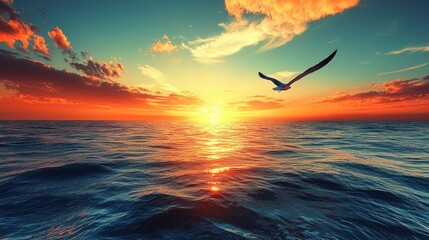 Sunset sea, bird in flight