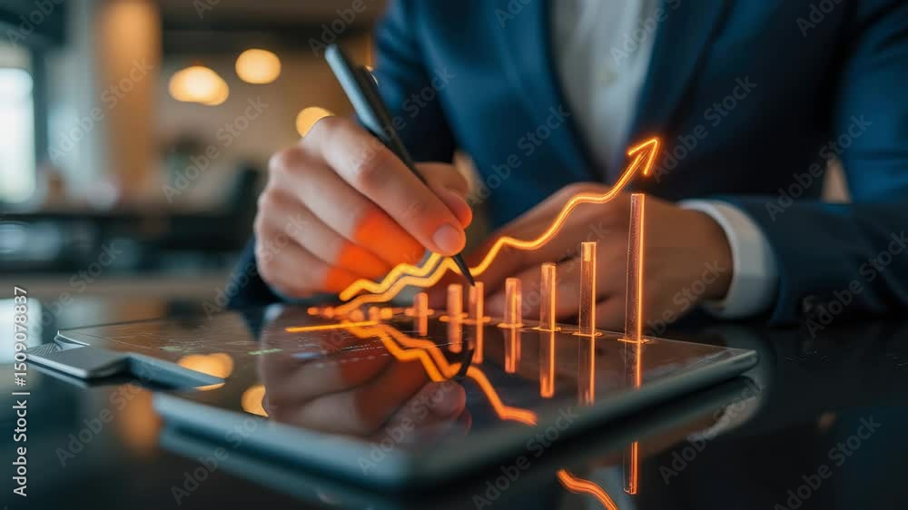Aufkleber business professional analyzing data trends on tablet with graphs and charts in modern workspace