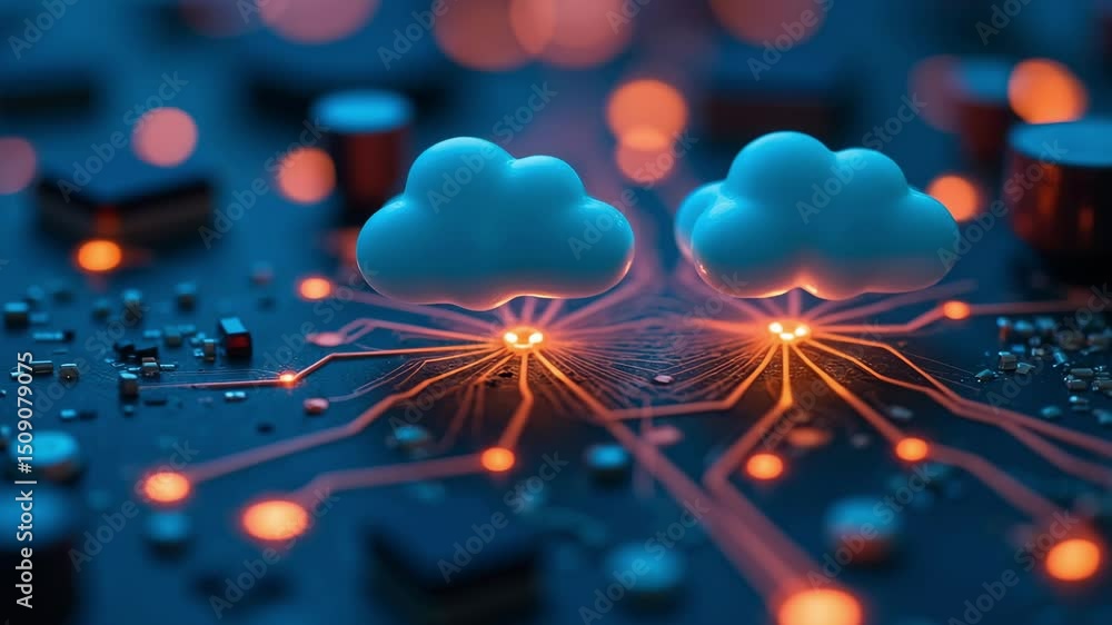 Poster creative representation of cloud technology in digital environment with circuit patterns