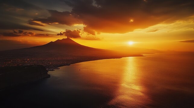 Aerial view of Naples (Napoli) with Mt Vesuvius at sunset, Italy.