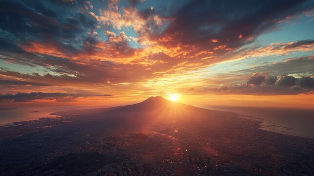 Aerial view of Naples (Napoli) with Mt Vesuvius at sunset, Italy.