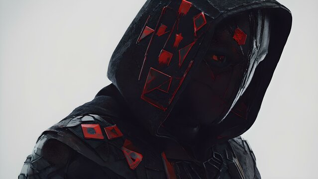 Close uo , a person in black hood and red graphic around costume , white background.