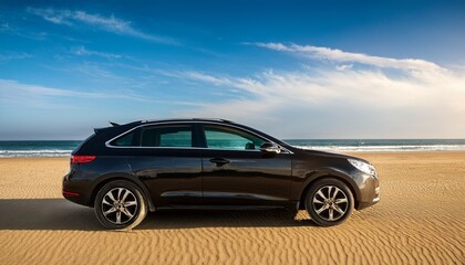 Obraz premium a black car is parked on a sandy beach