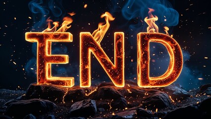 Fiery “ End” glowing text with erupting flames and thick smoke over dark rocky ground, cinematic embers floating in intense apocalyptic atmosphere

