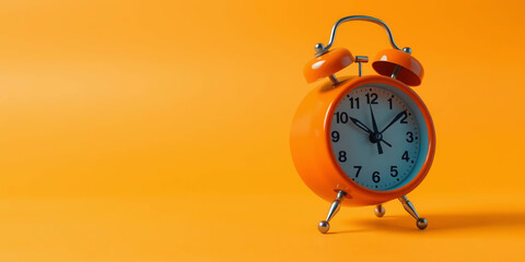 Vintage orange alarm clock on orange background with copy space. Retro time, antique clock with details. Classic design, decoration, reminder, display. Analog clock. 