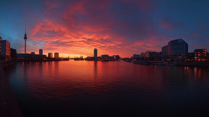 Fototapeta premium Berlin skyline panorama with TV tower and Spree river at sunset, Germany.