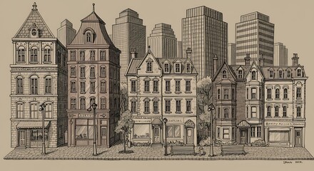 City Street Illustration of Buildings and Skyscrapers