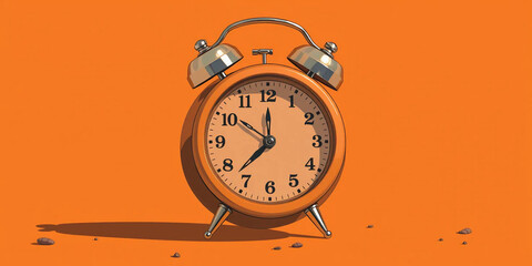 Vintage orange alarm clock on orange background with copy space. Retro time, antique clock with details. Classic design, decoration, reminder, display. Analog clock. 