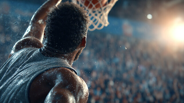 Athletic basketball player performing powerful dunk during game, dynamic sports action with sweat droplets in motion, competitive energy and passion for victory.
