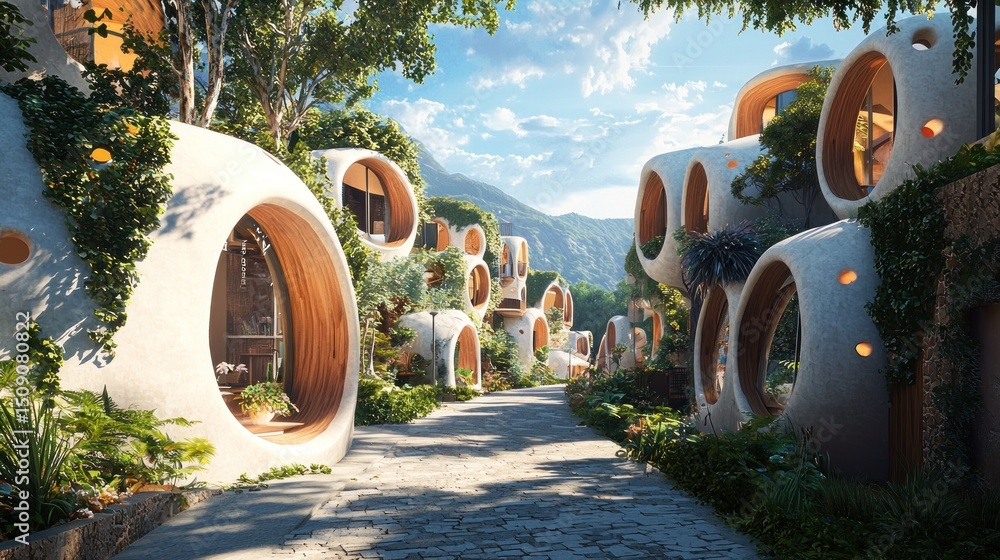 Poster a unique architectural complex with rounded structures and lush greenery.