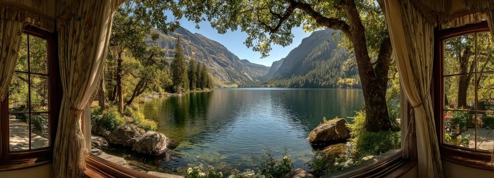 Panoramic view of a serene mountain lake framed by elegant curtains and morning light