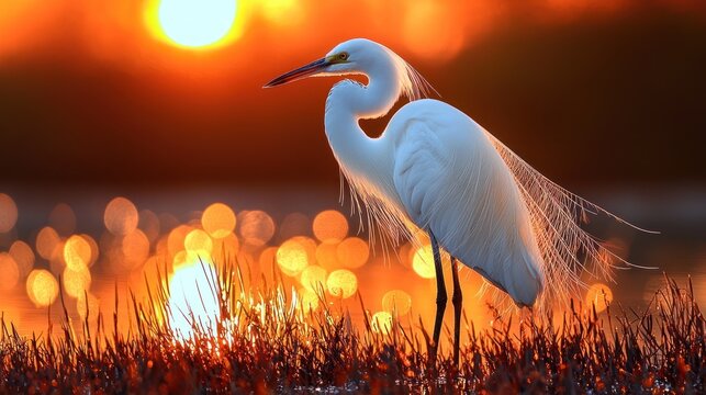 Majestic egret at golden sunset
