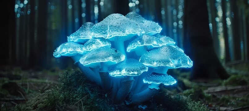 Explore the enchanting bioluminescent forest filled with radiant glowing mushrooms - Powered by Adobe