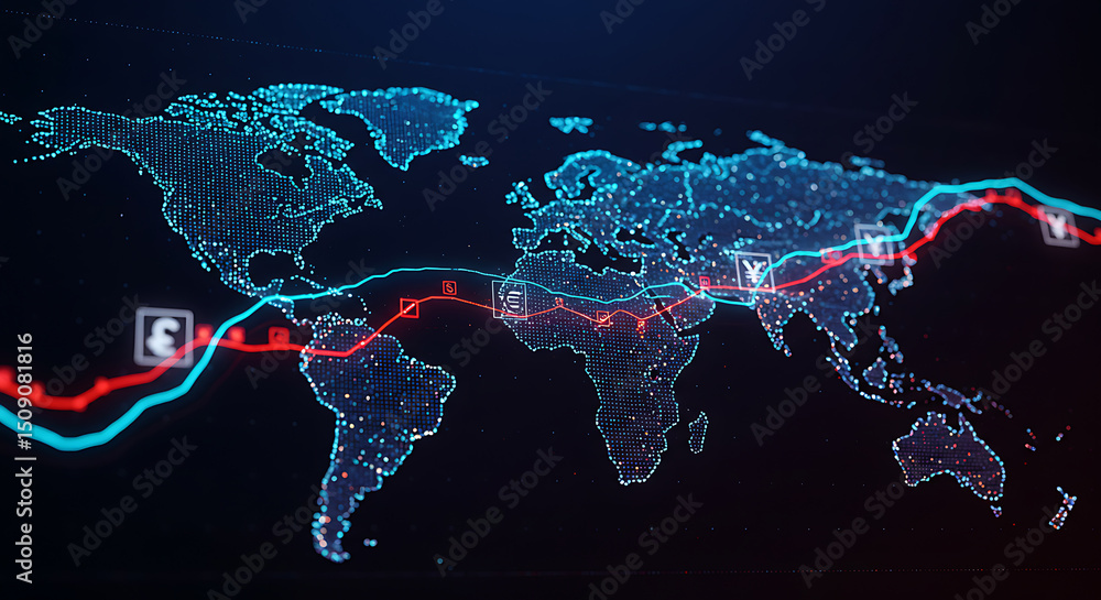Poster digital world map data visualization with global financial trend lines