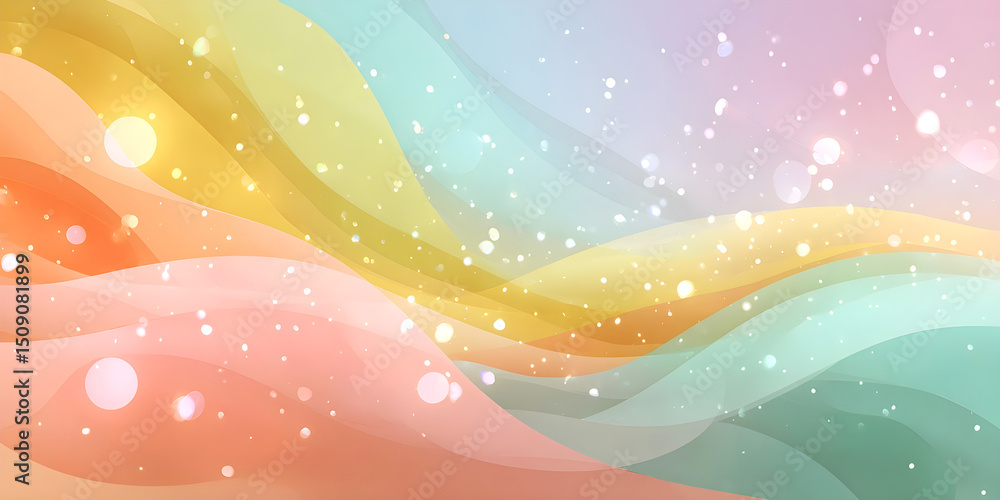 Poster colorful abstract background with soft flowing waves in pastel tones and glowing light particles cre