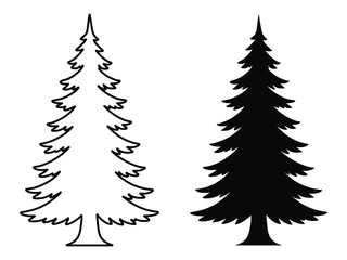 Obraz premium Vector Pine Tree Silhouette and Outline Illustration – Evergreen Tree Design