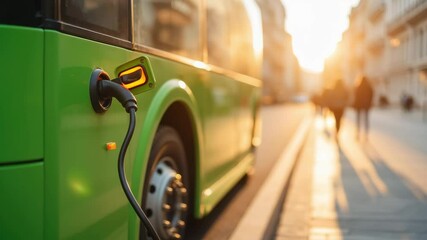Urban Electric Bus Charging at Sunset with Pedestrians on a City Street - Powered by Adobe